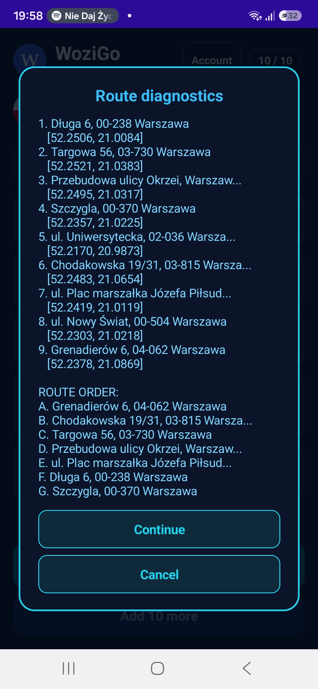 Ręczne dodawanie adresów i dodawanie przystanków seriami w WoziGo