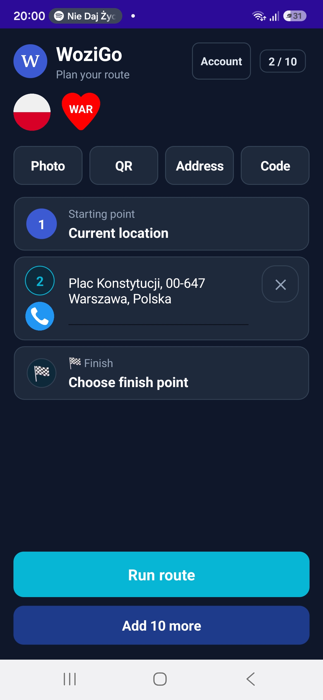 Dodawanie przystanku przez skanowanie kodu QR w aplikacji WoziGo
